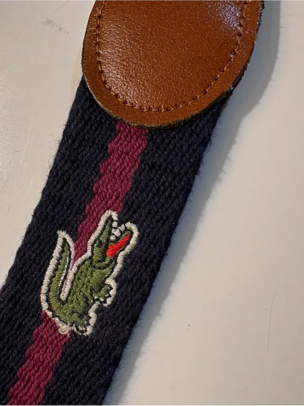 Vintage unisex Lacoste Izod Canvas Strap with Burgundy Center Stripe Belt
